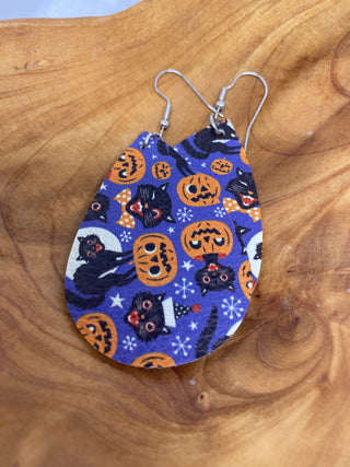 Halloween Blue Base Black Kitty Cats Dangle Teardrop Earrings