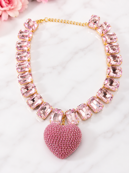 Pink Sparkle Heart Statement Necklace