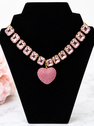 Pink Sparkle Heart Statement Necklace