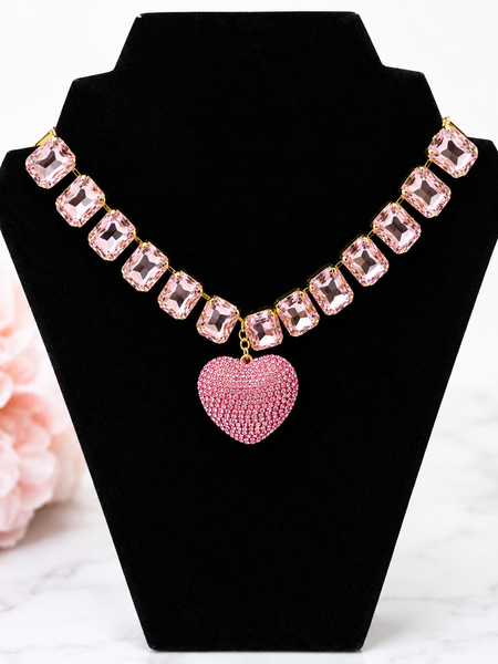 Pink Sparkle Heart Statement Necklace
