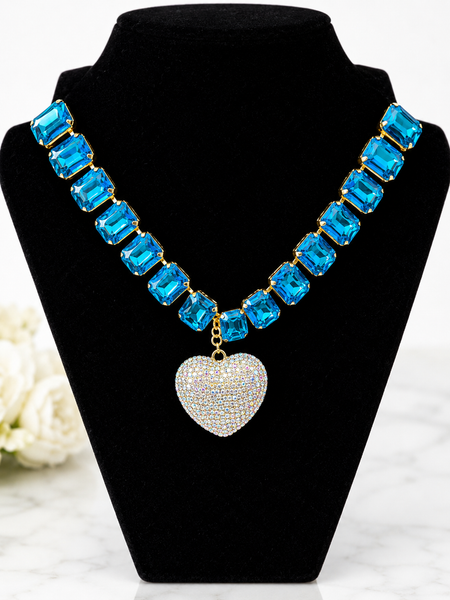 Ocean Blue Crystal Heart Statement Necklace