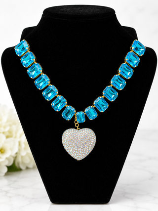 Ocean Blue Crystal Heart Statement Necklace