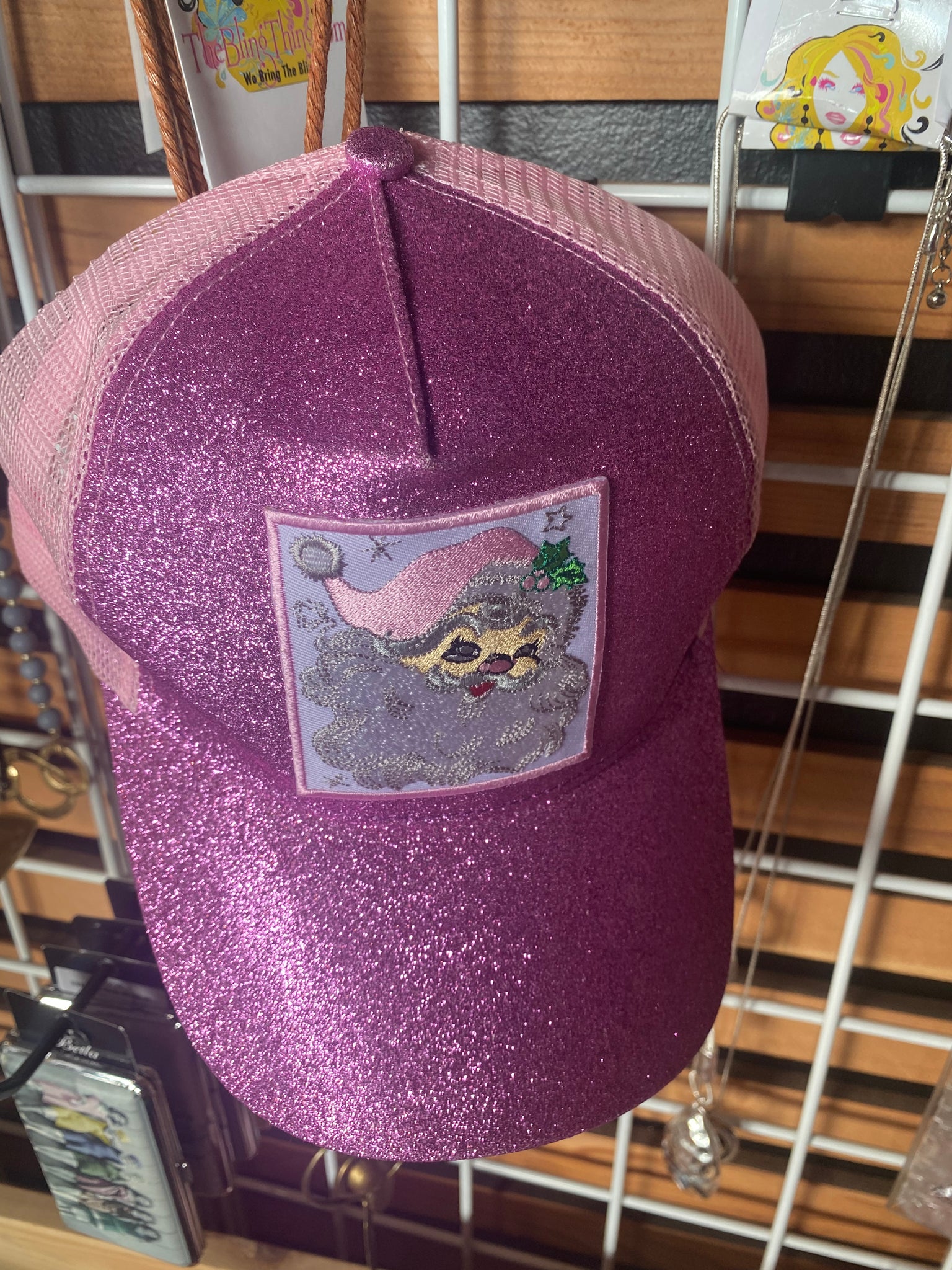 Pink Glitter Santa Claus Patch Ponytail Trucker Hat
