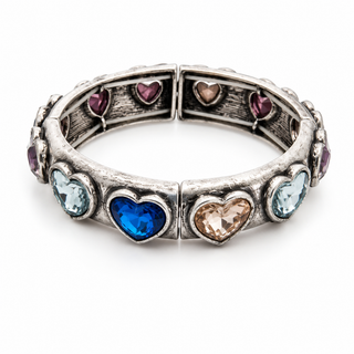 Antique Silver Multi Color Stones Heart Stretch Bangle Bracelet