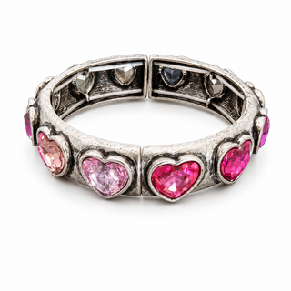 Antique Silver Multi Color Stones Heart Stretch Bangle Bracelet