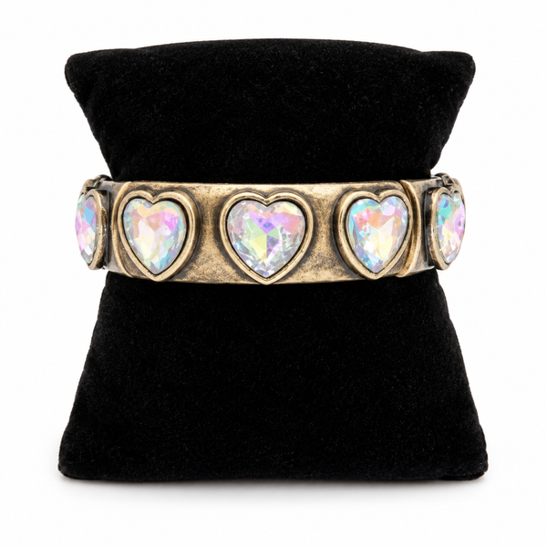 Antique Gold Clear Stones Heart Stretch Bangle Bracelet