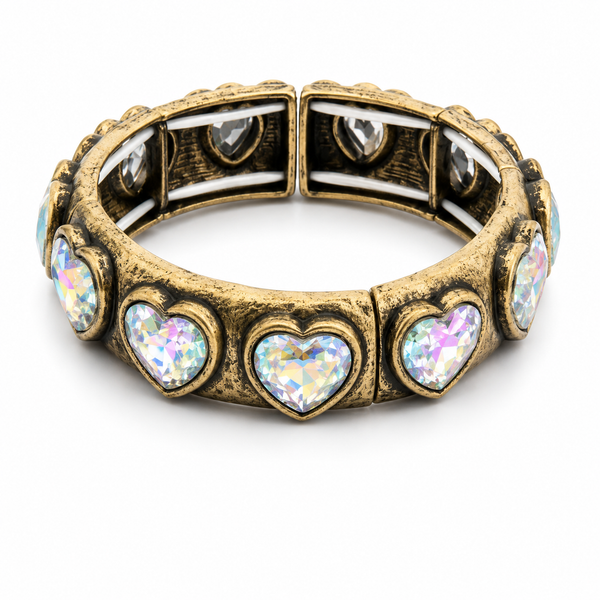Antique Gold Clear Stones Heart Stretch Bangle Bracelet