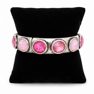 Antique Silver Pink Stones Stretch Bangle Bracelet