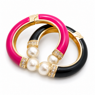 Hot Pink Enamel Pearl Hinged Bangle Bracelet