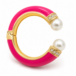Hot Pink Enamel Pearl Hinged Bangle Bracelet