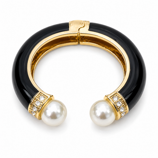 Black Enamel Pearl Hinged Bangle Bracelet