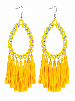A pair of bright yellow dangle earrings with circular rhinestone-studded hoops and long fringe tassels, shown on a plain white background.