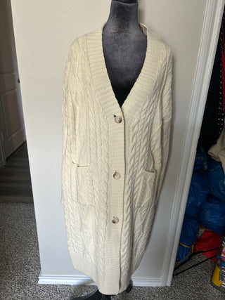 Button Down Ivory Cable Knit Long Cardigan Sweater with Pockets