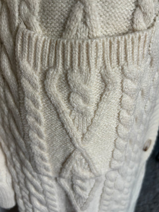 Button Down Ivory Cable Knit Long Cardigan Sweater with Pockets