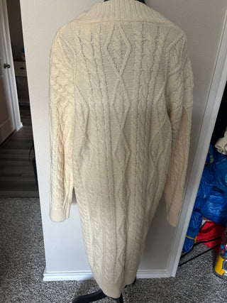 Button Down Ivory Cable Knit Long Cardigan Sweater with Pockets