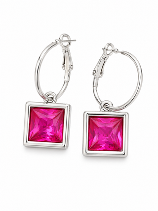 Fuchsia Crystal Chicklet Square Hoop Earrings