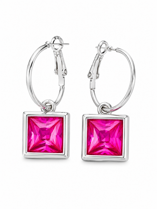 Fuchsia Crystal Chicklet Square Hoop Earrings