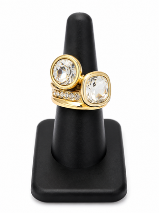 Gold Tone Crystal Duo Statement Stretch Ring