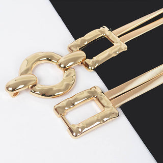 Hammered Metal Buckle Gold Statement Stretch Belt