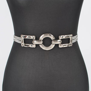 Hammered Metal Buckle Silver Statement Stretch Belt