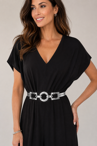 Hammered Metal Buckle Silver Statement Stretch Belt