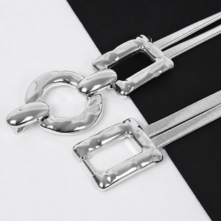 Hammered Metal Buckle Silver Statement Stretch Belt
