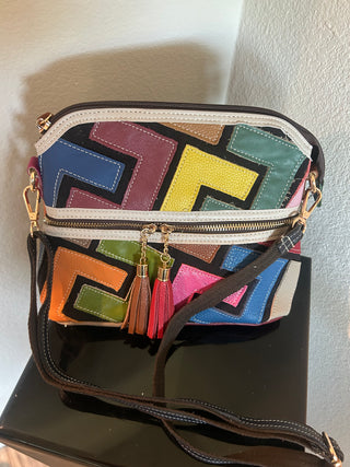 Genuine Leather Colorful Abstract Design Crossbody Sling Bag Purse