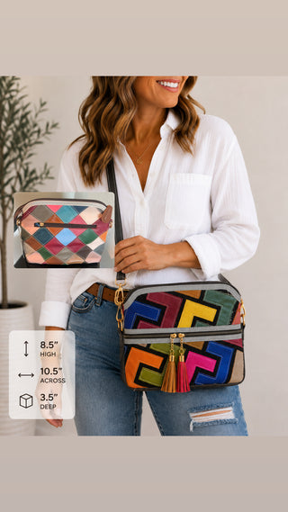 Genuine Leather Colorful Abstract Design Crossbody Sling Bag Purse