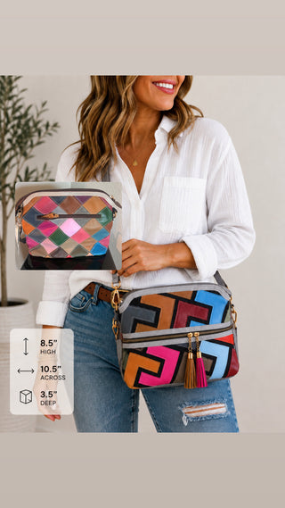 Genuine Leather Colorful Abstract Design Crossbody Sling Bag Purse