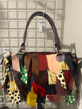 Genuine Leather Patchwork Fringe Satchel Purse