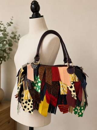 Genuine Leather Patchwork Fringe Satchel Purse