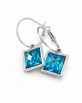 Turquoise Blue Crystal Chicklet Square Hoop Earrings