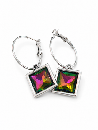 AB Volcano Crystal Chicklet Square Hoop Earrings