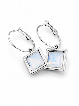 White Opal Crystal Chicklet Square Hoop Earrings