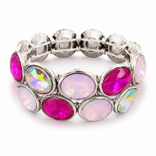 A silver-toned stretch bracelet featuring oval-cut pink gemstones and iridescent white opal-like stones, set in a scalloped silver frame on a white background.