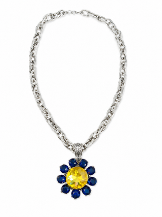 Blue & Gold Flower Statement Pendant Necklace