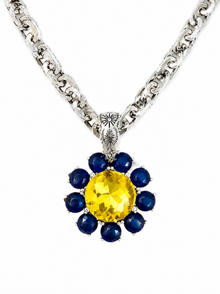 Blue & Gold Flower Statement Pendant Necklace