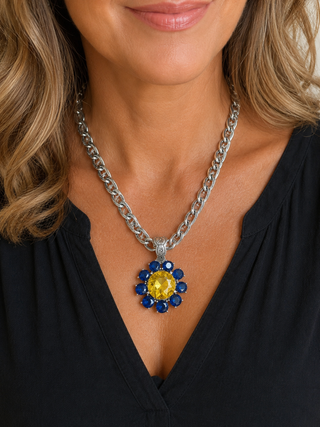 Blue & Gold Flower Statement Pendant Necklace
