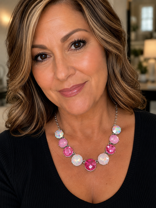 Silver Paperclip Shades of Pink AB Faceted Crystal Statement Necklace