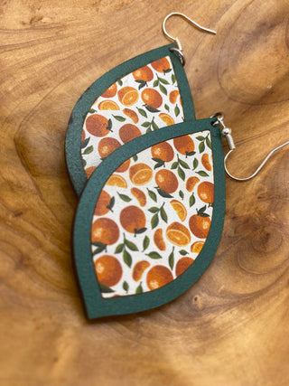 Green with Oranges Insert Wood Dangle Earrings