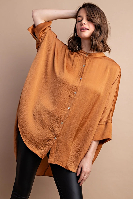 Washed Satin Button Down Loose Fit Shirt Top Bronze
