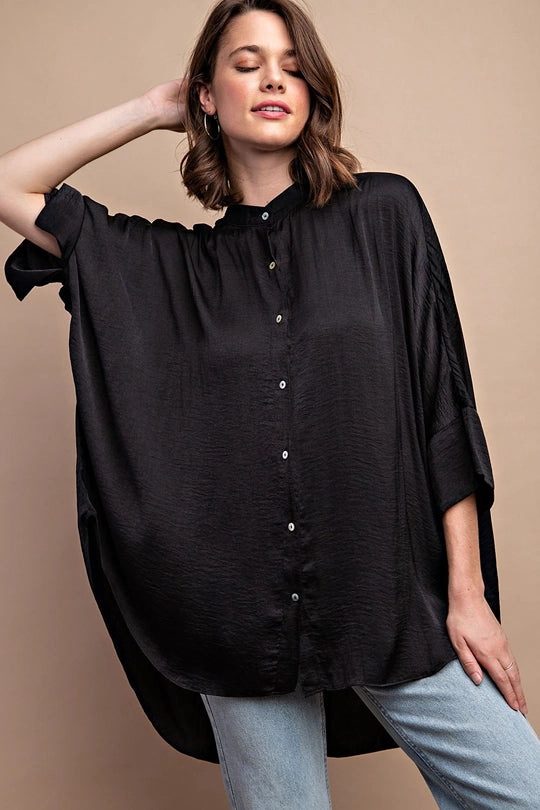 Washed Satin Button Down Loose Fit Shirt Top Black