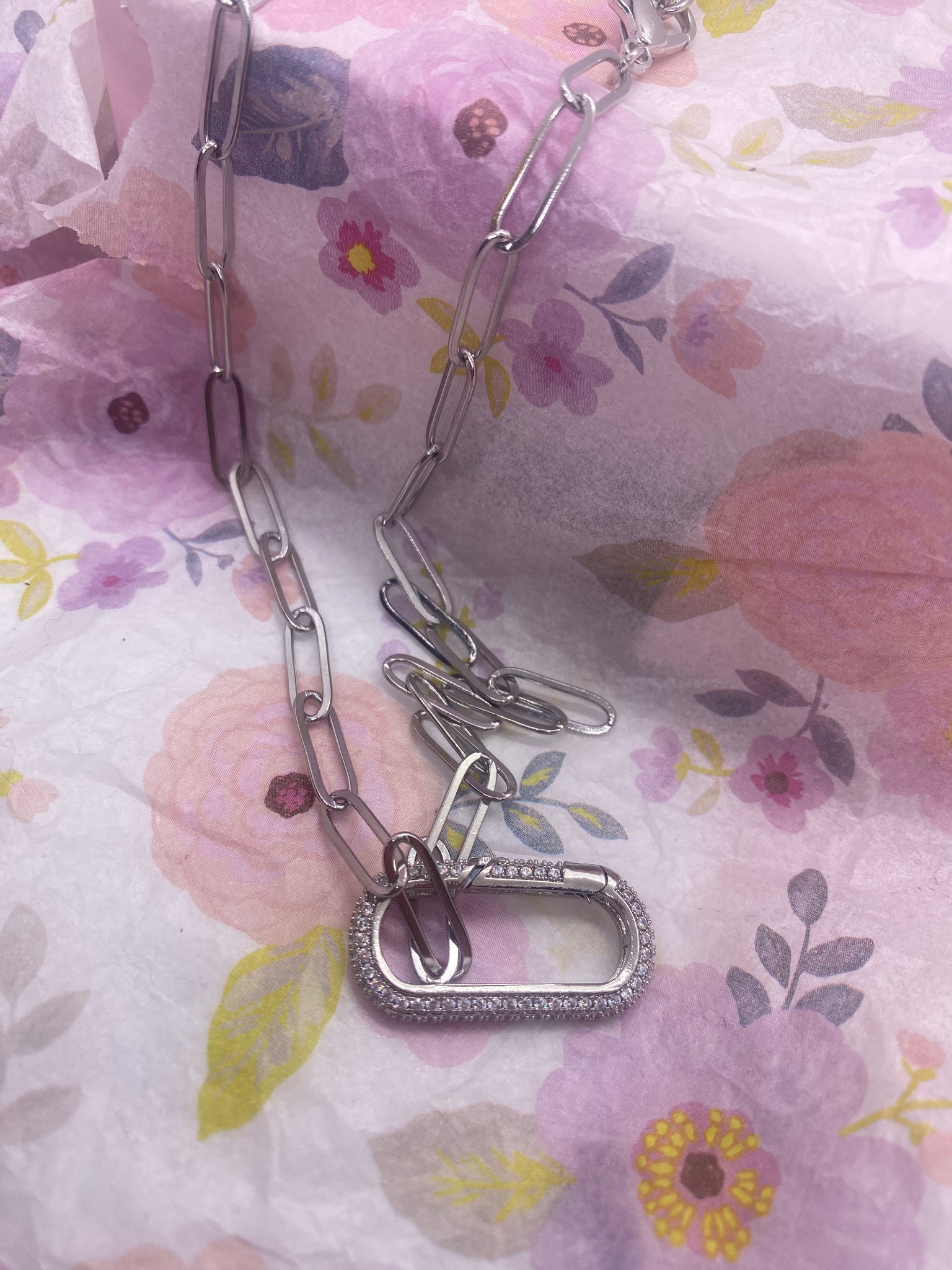 Custom Made 34 inch Silver Paperclip Necklace All Bling Carabiner