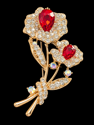 Red Crystal Floral Brooch Pin Pendant