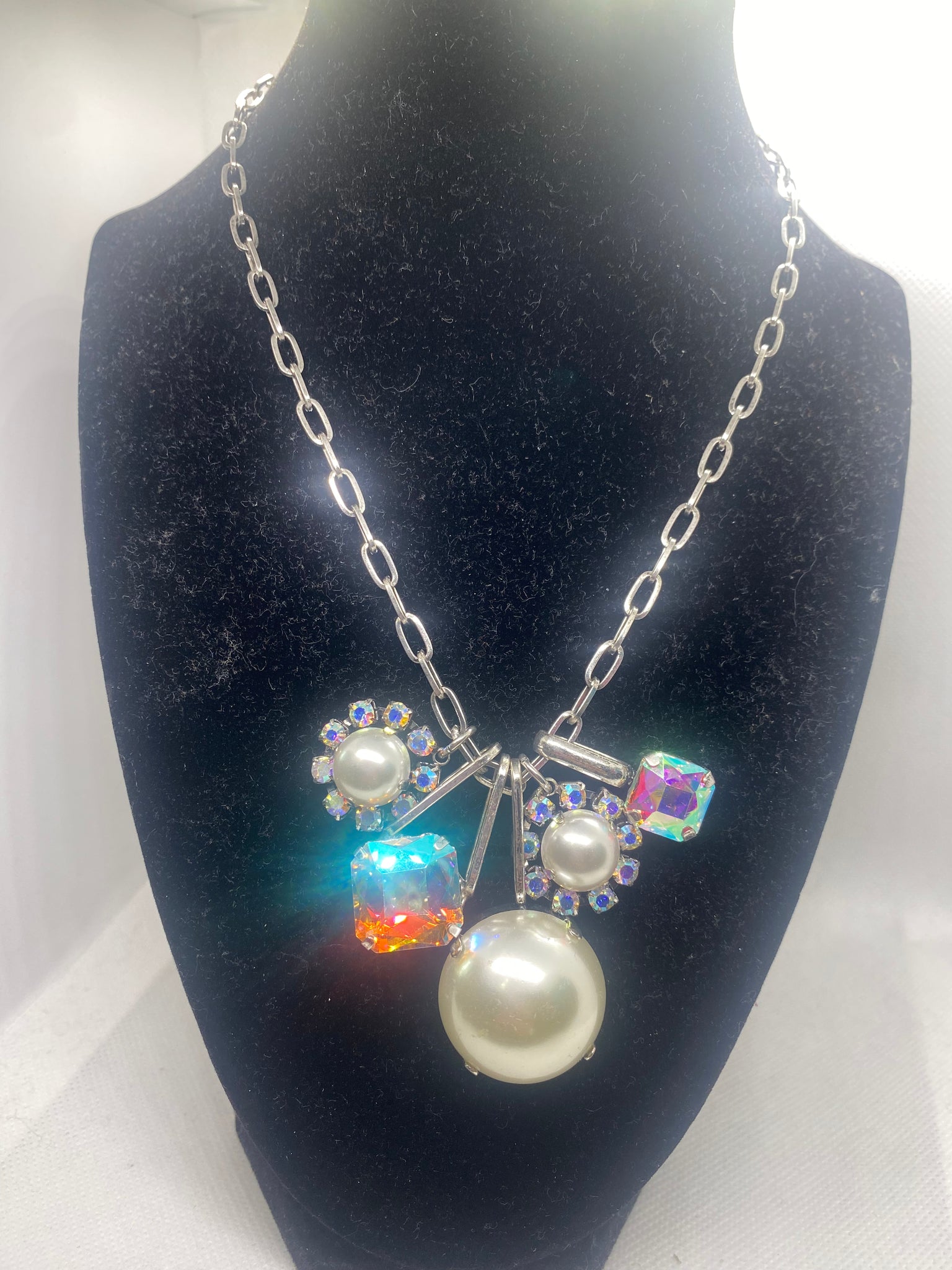 Custom Silver Tone AB Paperclip Paper Clip 20 inch Pearl Necklace