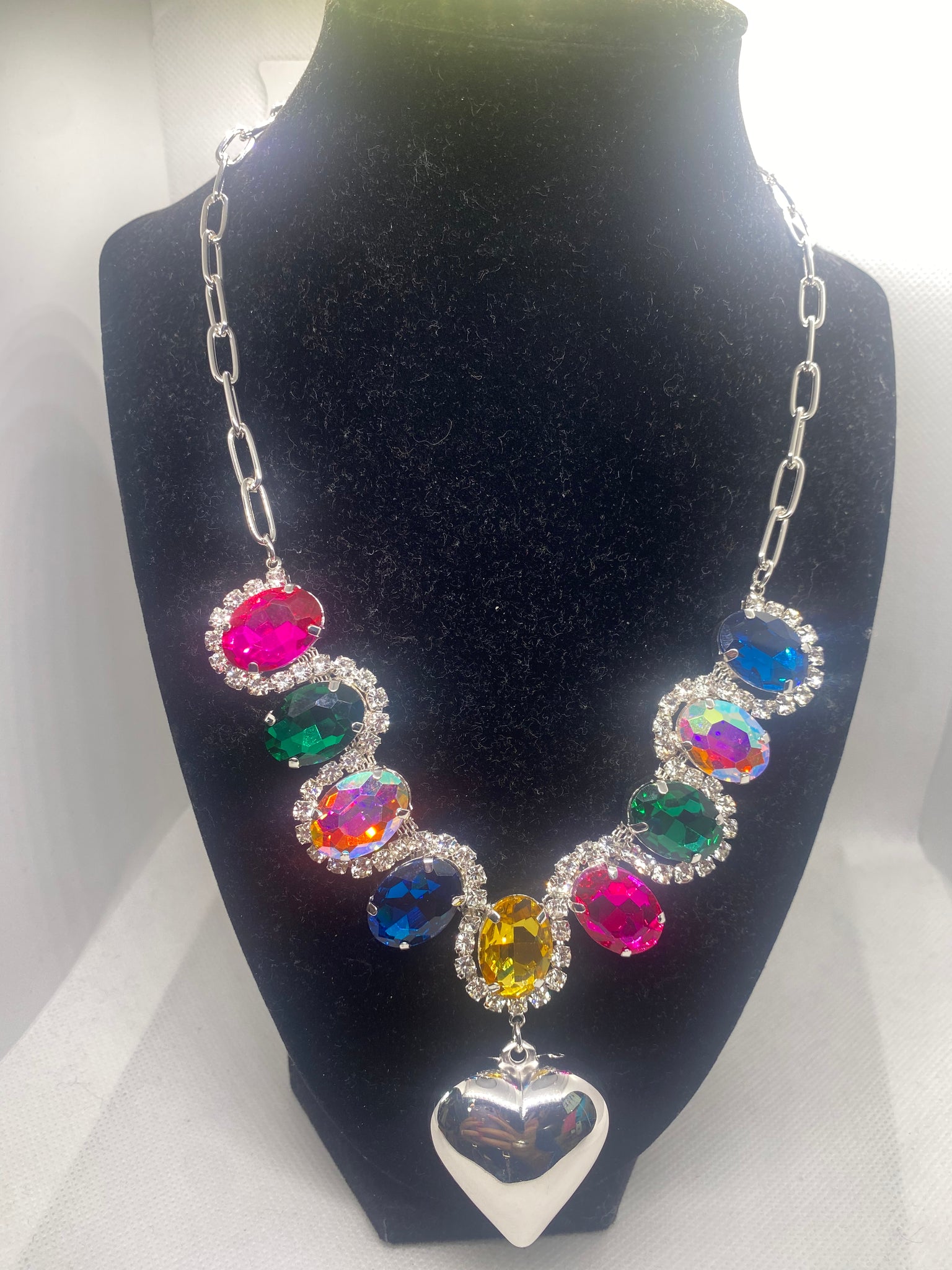 18 inch Silver Tone Crystal w Rhinestones Paperclip Paper Clip Necklace w Heart Charms