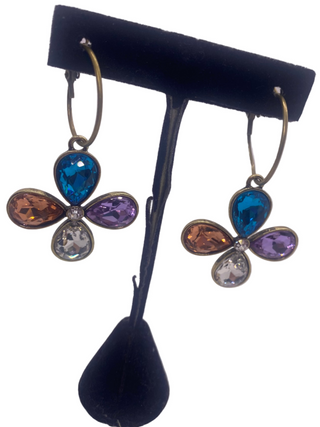 Clear Blue Yellow Purple Gold Tone Crystal Flower Hoop Earring