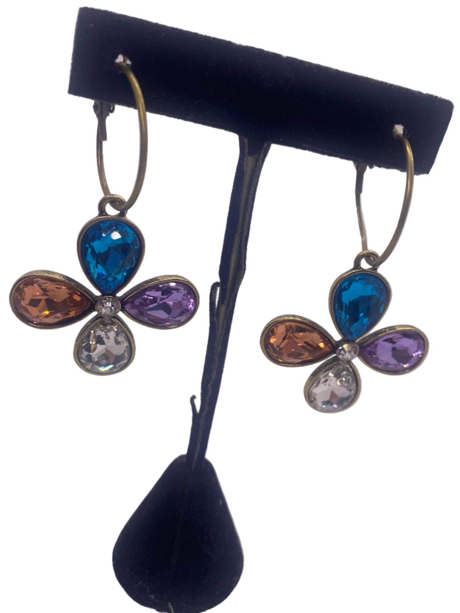 Clear Blue Yellow Purple Gold Tone Crystal Flower Hoop Earring