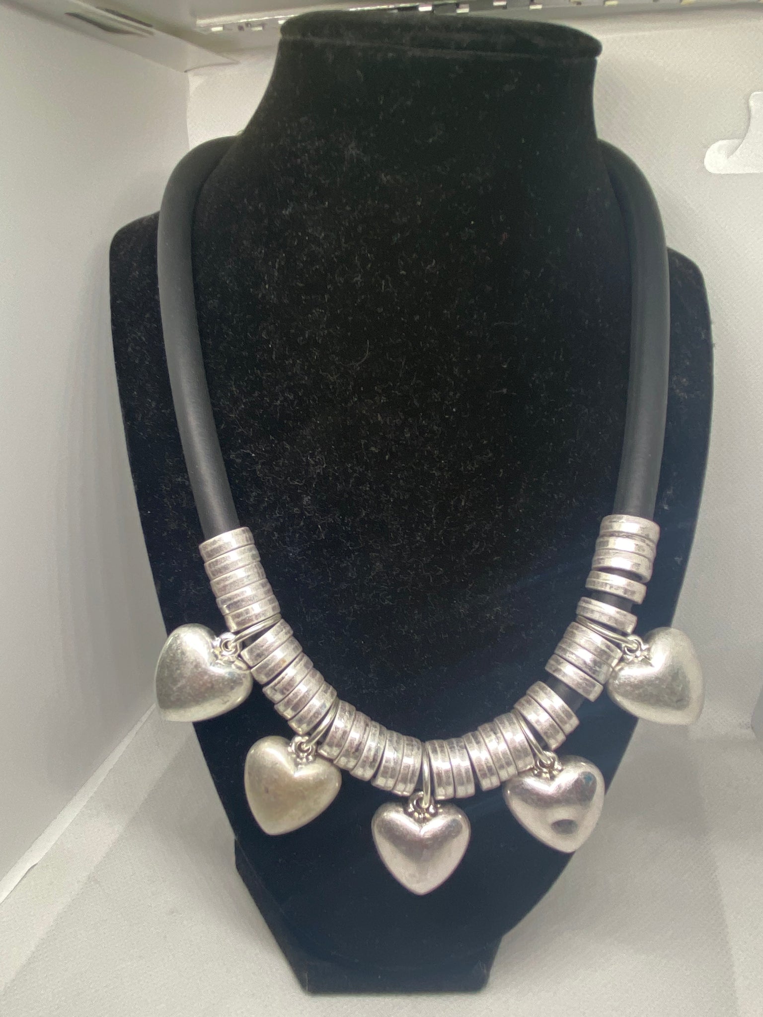 Rubber Tube Cord 16 inch Silver Hearts Necklace