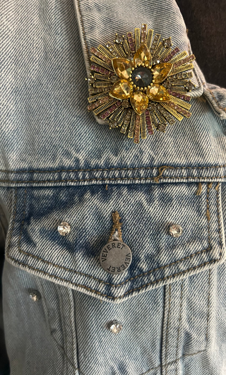 Golden Radiance Crystal Sunburst Brooch Pin Pendant